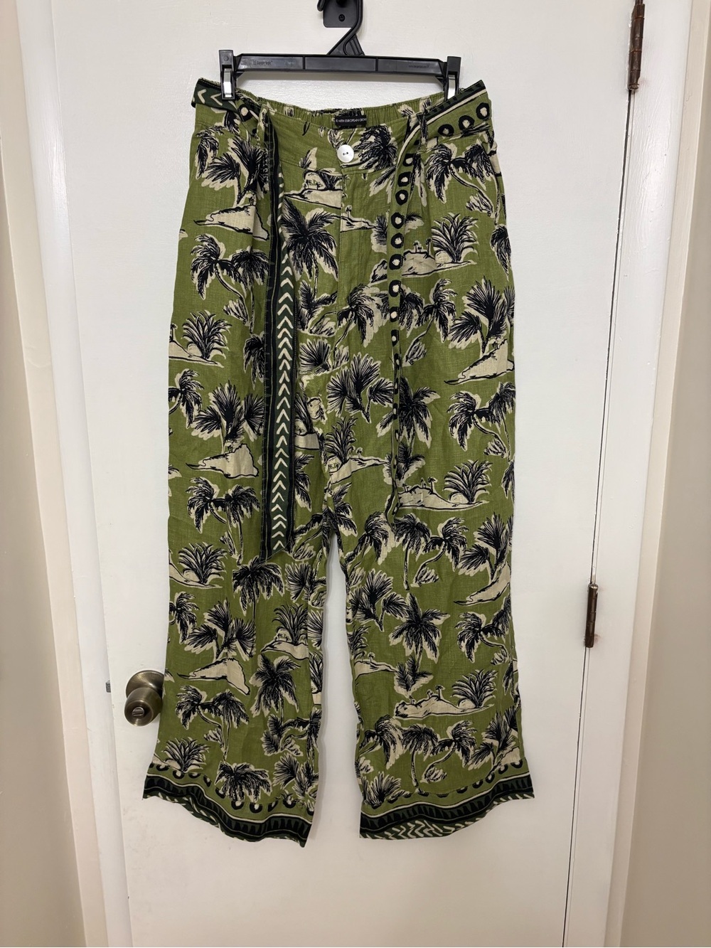 Tahari 100% Linen Wide Leg Pants Green Tropical Palm Print Belted Resort M